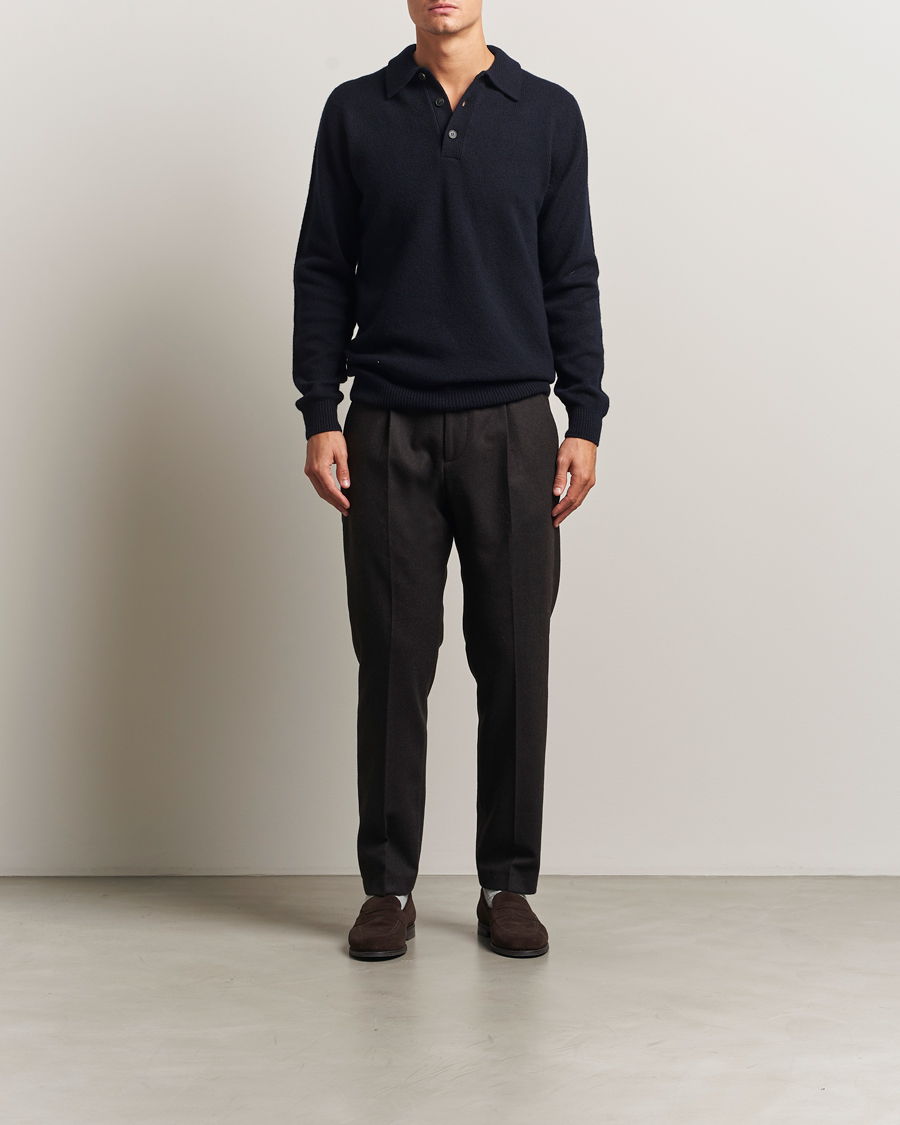 Heren | Truien | Sunspel | Lambswool Poloshirt Dark Navy