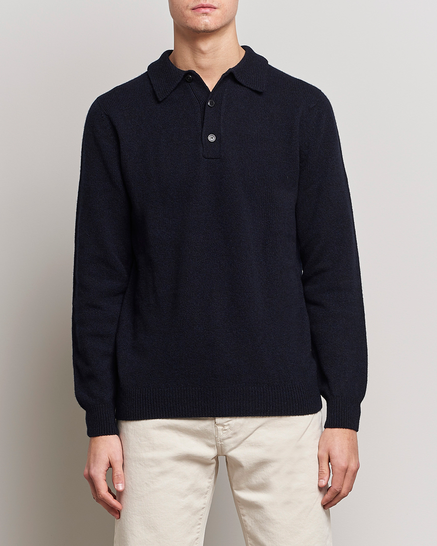 Heren | Truien | Sunspel | Lambswool Poloshirt Dark Navy