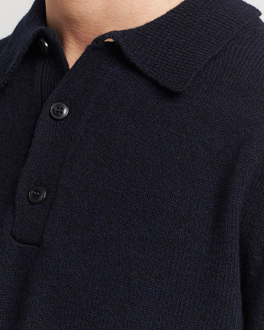 Heren | Truien | Sunspel | Lambswool Poloshirt Dark Navy