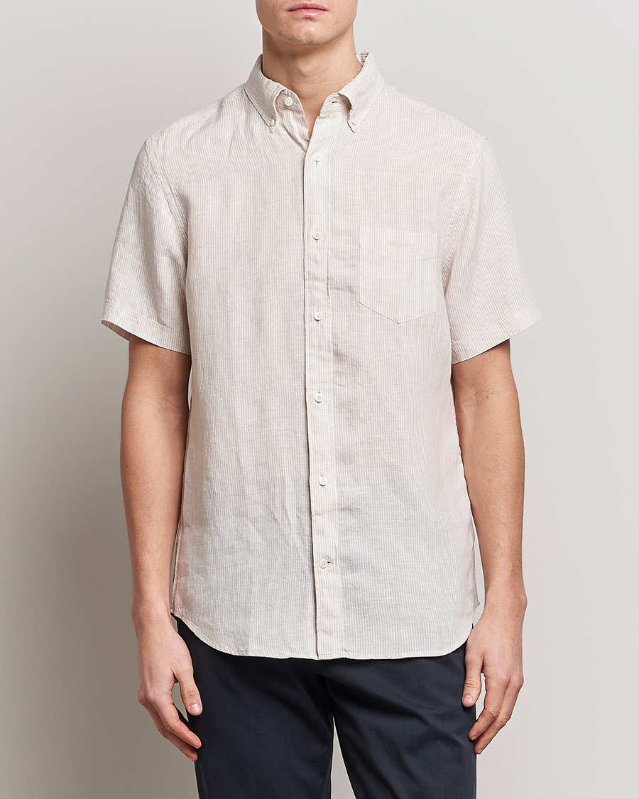 Heren | Overhemden | GANT | Regular Fit Striped Linen Short Sleeve Shirt Dry Sand