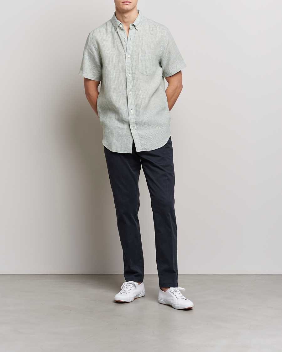 Heren | Overhemden | GANT | Regular Fit Striped Linen Short Sleeve Shirt Calamata Green