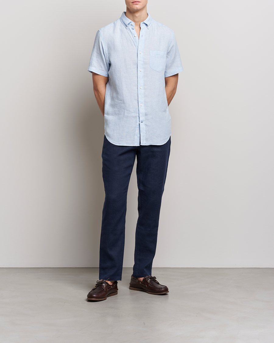 Heren | Overhemden | GANT | Regular Fit Striped Linen Short Sleeve Shirt Capri Blue