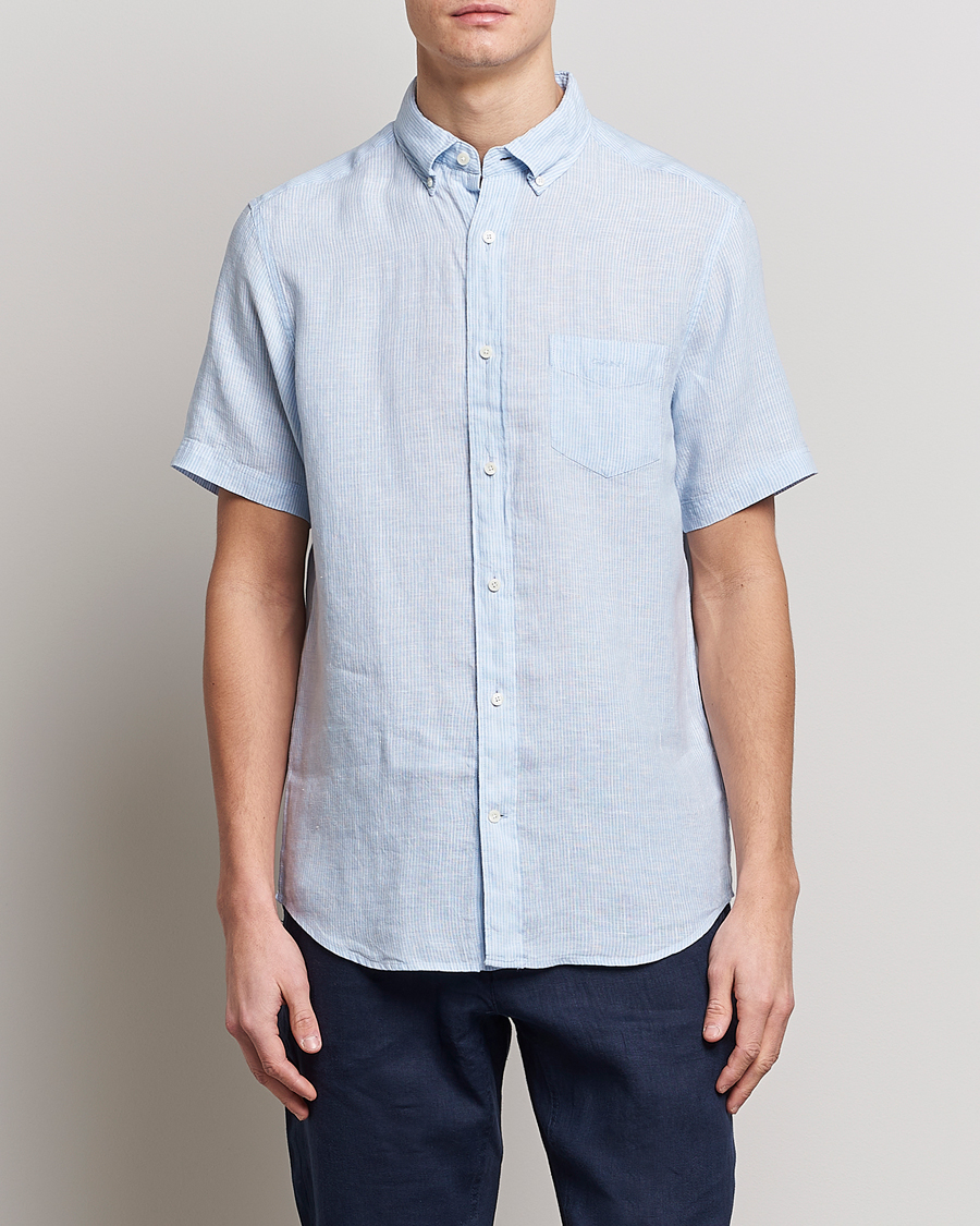 Heren | Overhemden | GANT | Regular Fit Striped Linen Short Sleeve Shirt Capri Blue