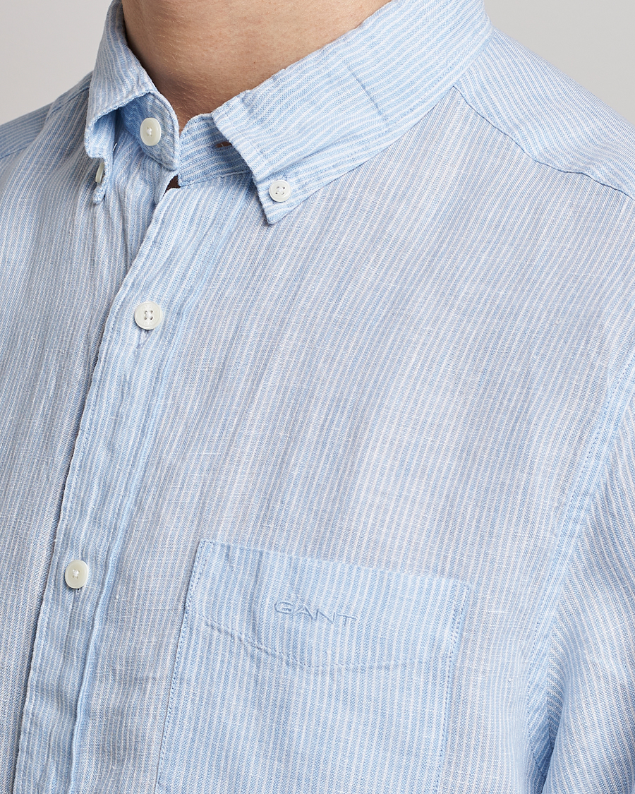 Heren | Overhemden | GANT | Regular Fit Striped Linen Short Sleeve Shirt Capri Blue