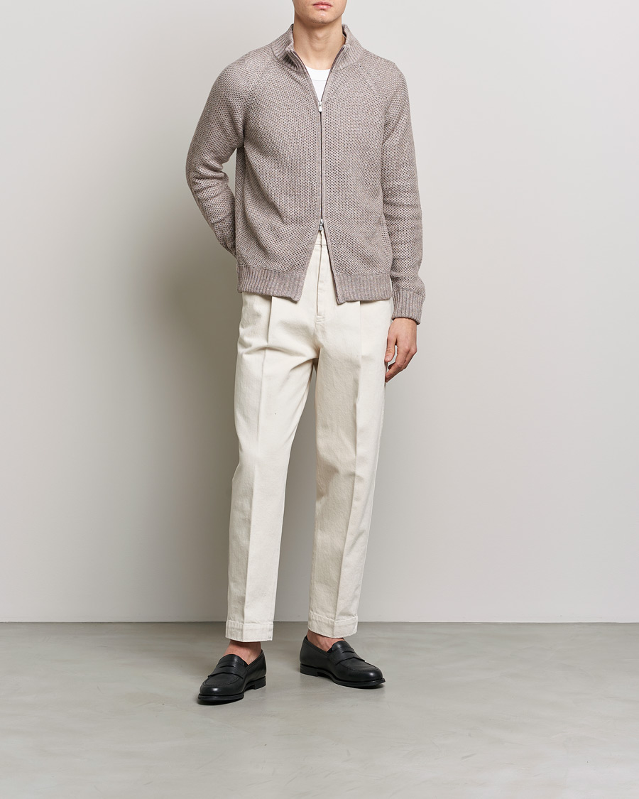 Heren | Truien | Gran Sasso | Structured Cotton/Linen Full Zip Beige Melange