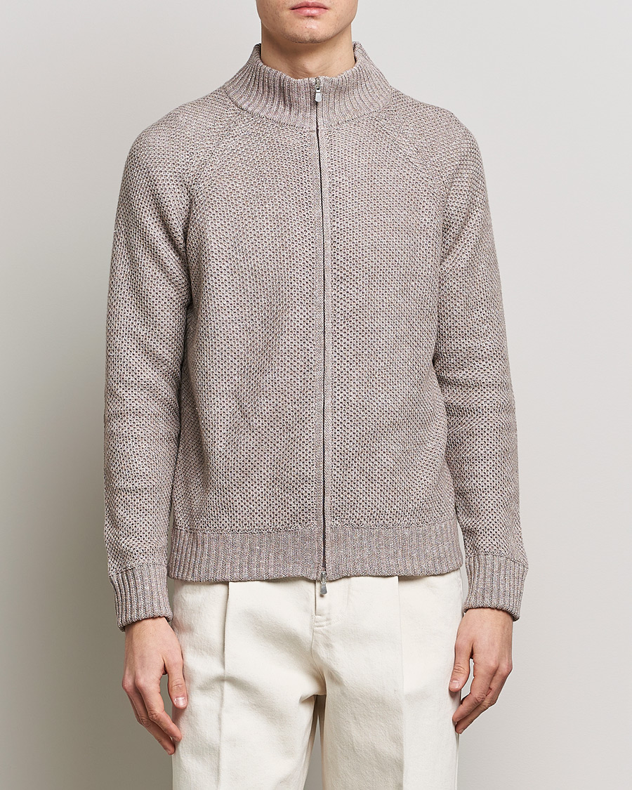 Heren | Truien | Gran Sasso | Structured Cotton/Linen Full Zip Beige Melange