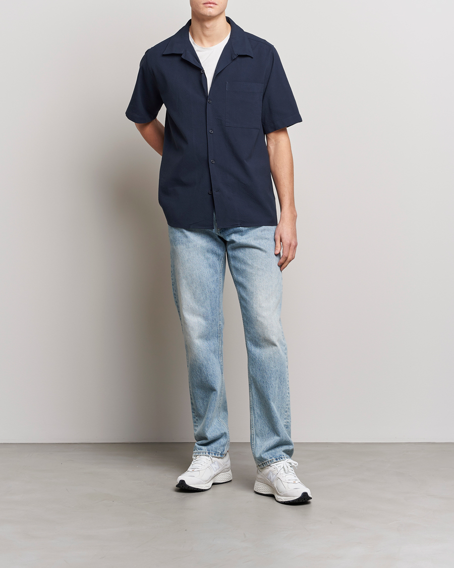 Heren | Overhemden | NN07 | Julio Seersucker Short Sleeve Shirt Navy Blue