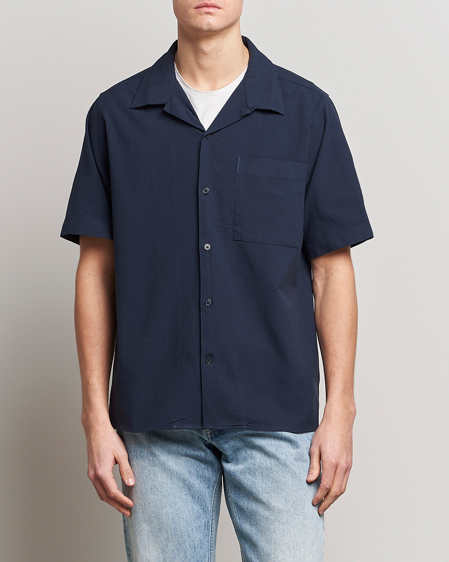 Heren | Overhemden | NN07 | Julio Seersucker Short Sleeve Shirt Navy Blue