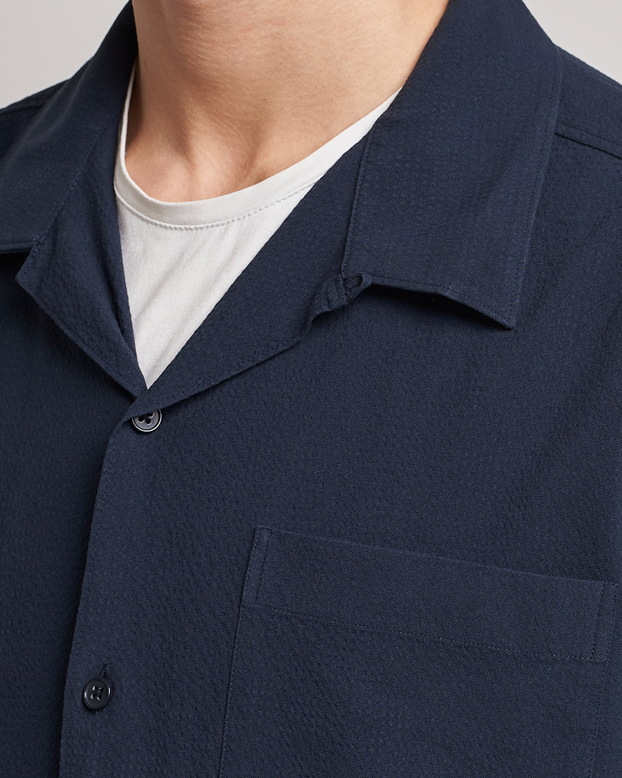 Heren | Overhemden | NN07 | Julio Seersucker Short Sleeve Shirt Navy Blue