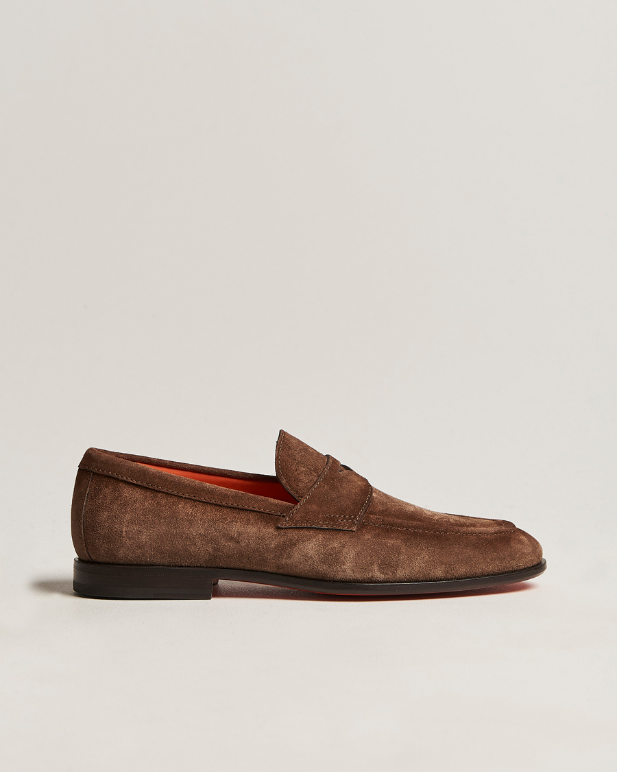 Heren | Santoni Penny Loafer Dark Brown Suede | Santoni | Penny Loafer Dark Brown Suede