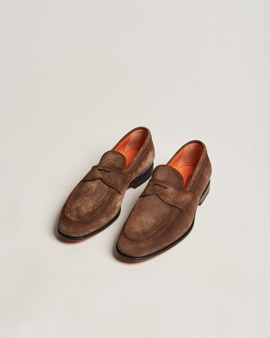 Heren | Santoni Penny Loafer Dark Brown Suede | Santoni | Penny Loafer Dark Brown Suede