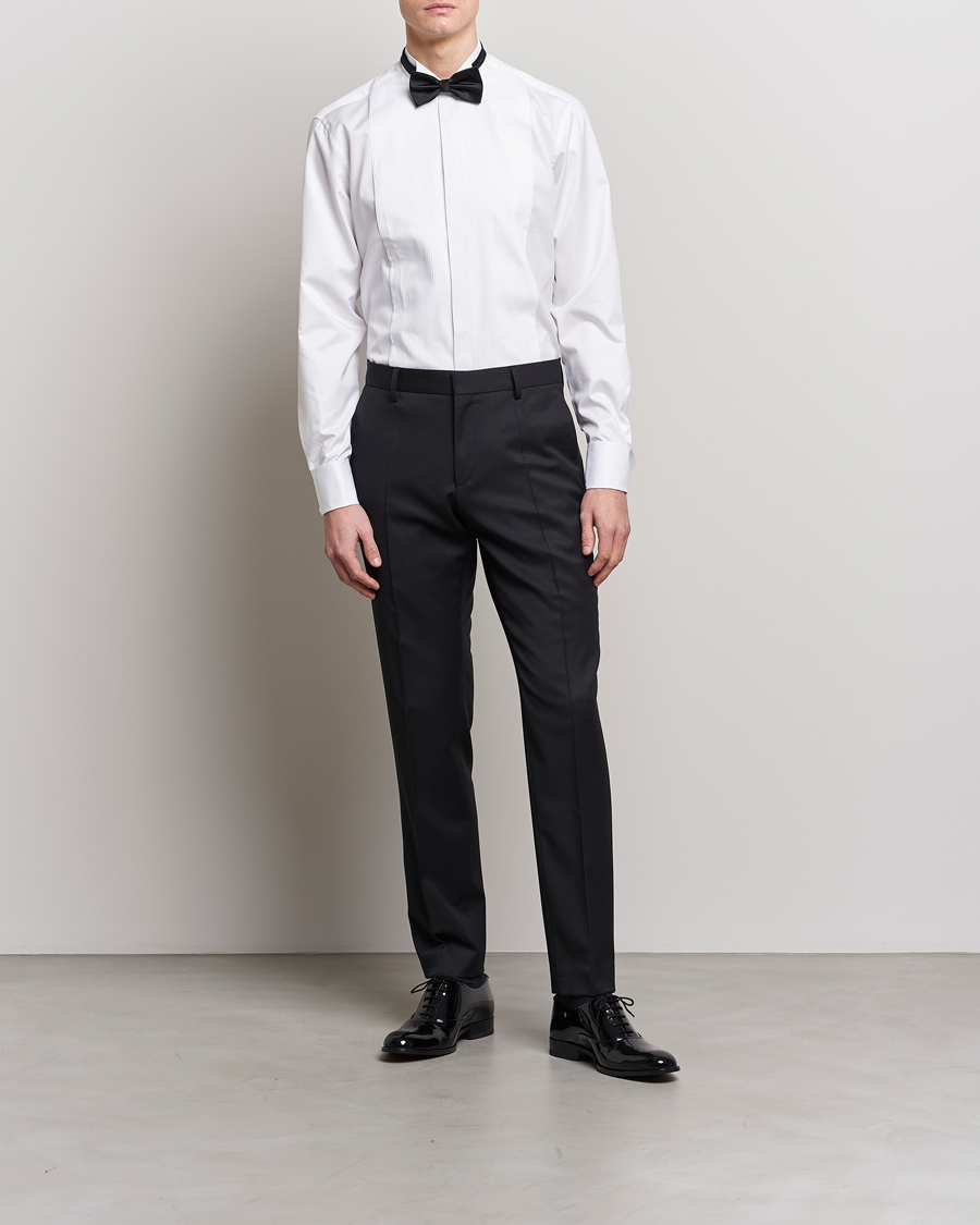 Heren | Zwarte stropdas | Stenströms | Fitted Body Stand Up Collar Plissè Shirt White