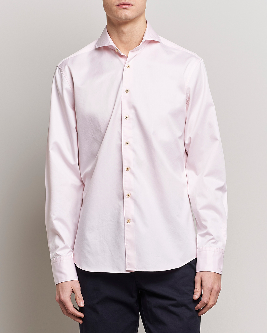 Heren | Casual | Stenströms | Fitted Body Washed Cotton Plain Shirt Pink