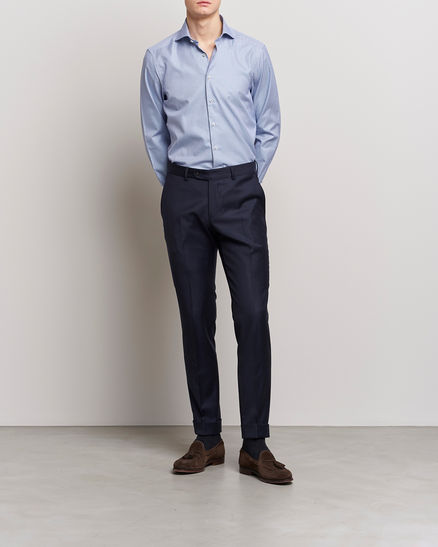 Heren | Zakelijke overhemden | Stenströms | Slimline Small Check Cut Away Shirt Blue