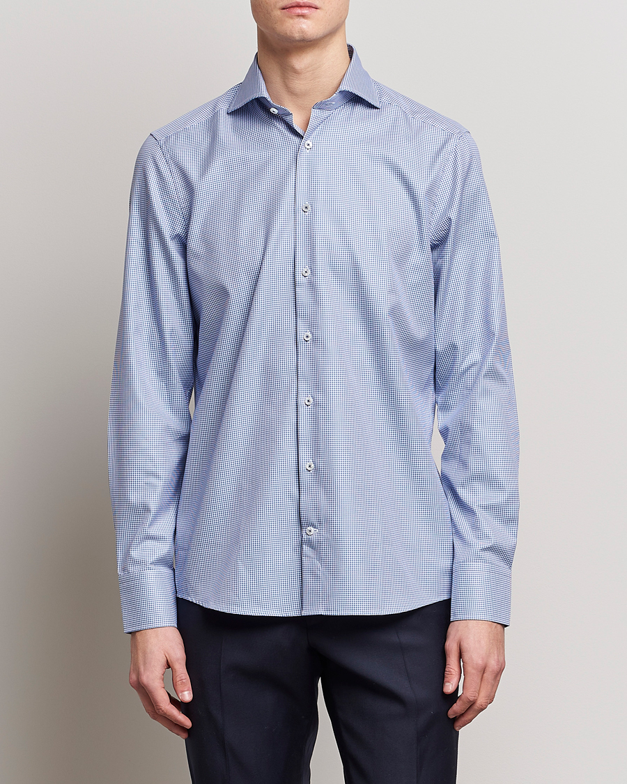 Heren | Overhemden | Stenströms | Slimline Small Check Cut Away Shirt Blue