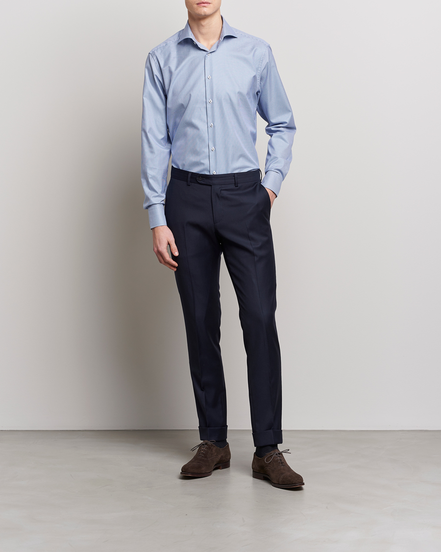 Heren | Formeel | Stenströms | Fitted Body Small Check Cut Away Shirt Blue