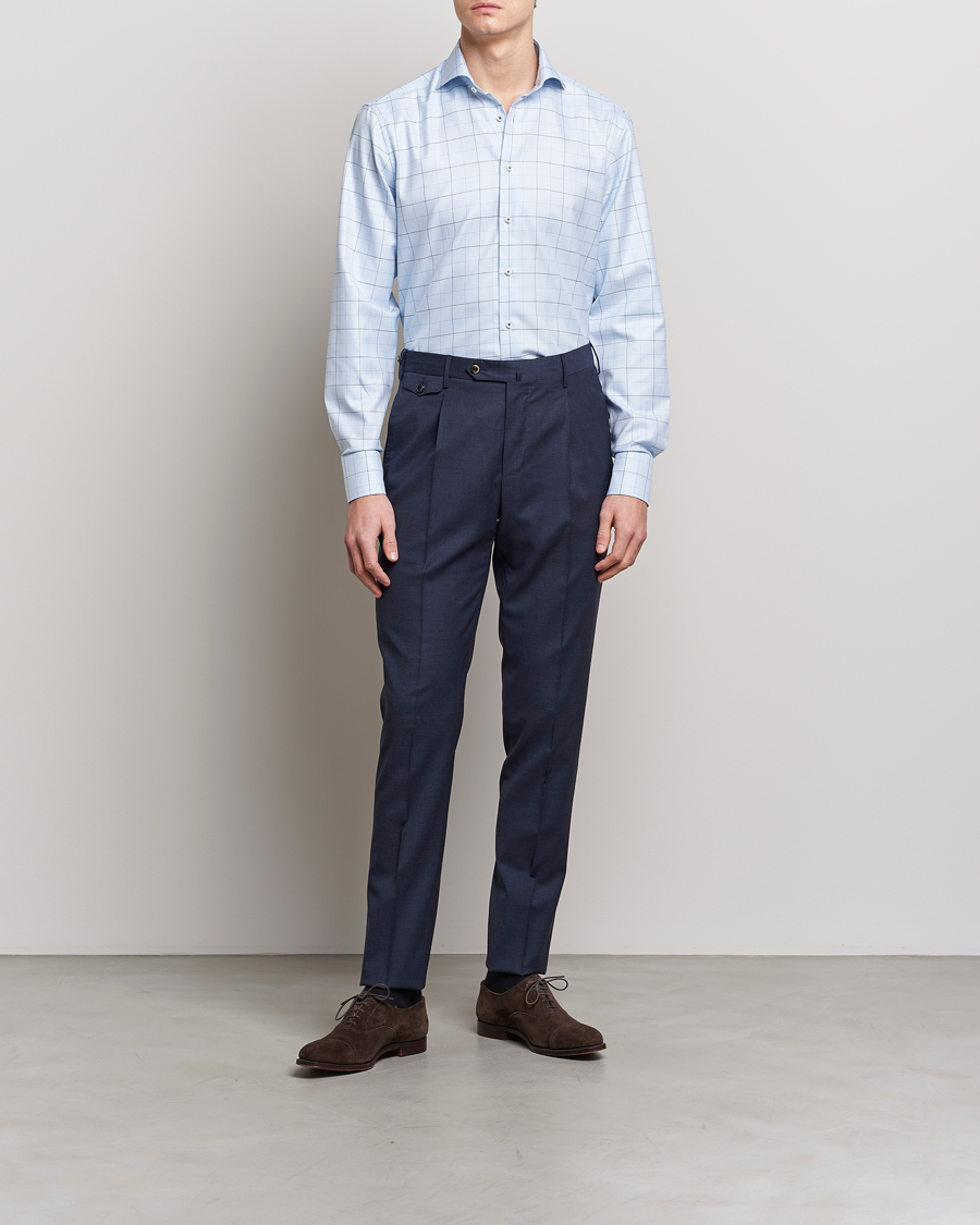 Heren | Business & Beyond | Stenströms | Fitted Body Cut Away Windowpane Shirt Blue