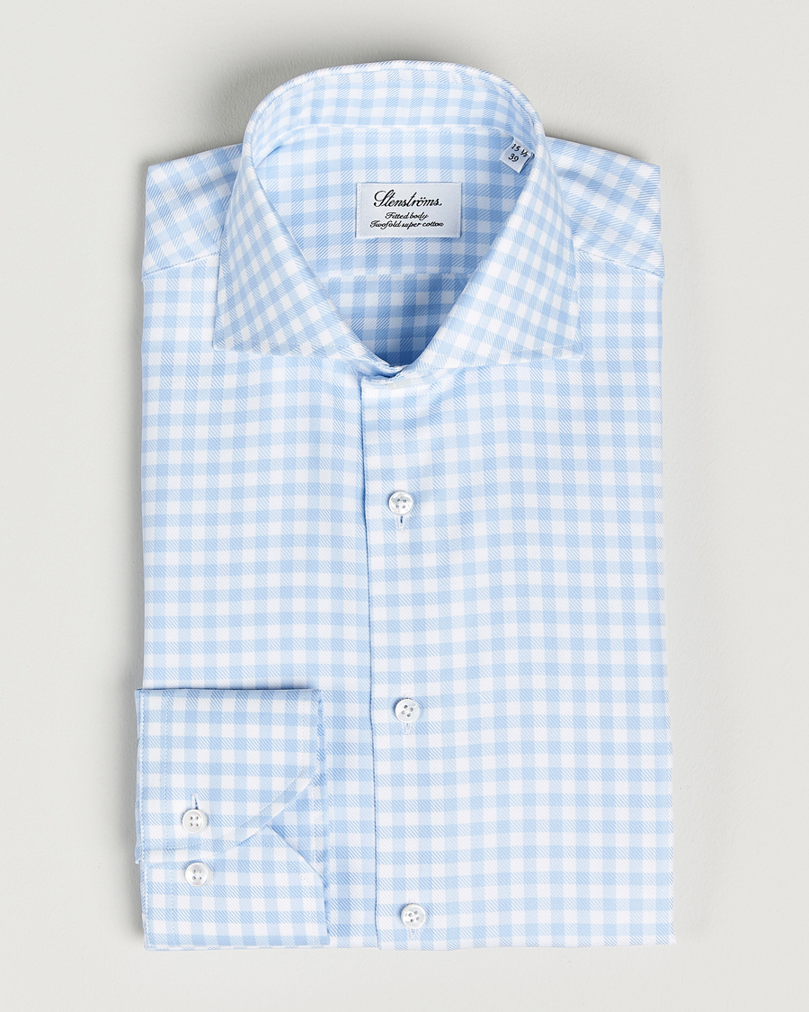 Heren | Zakelijke overhemden | Stenströms | Fitted Body Checked Cut Away Shirt Light Blue
