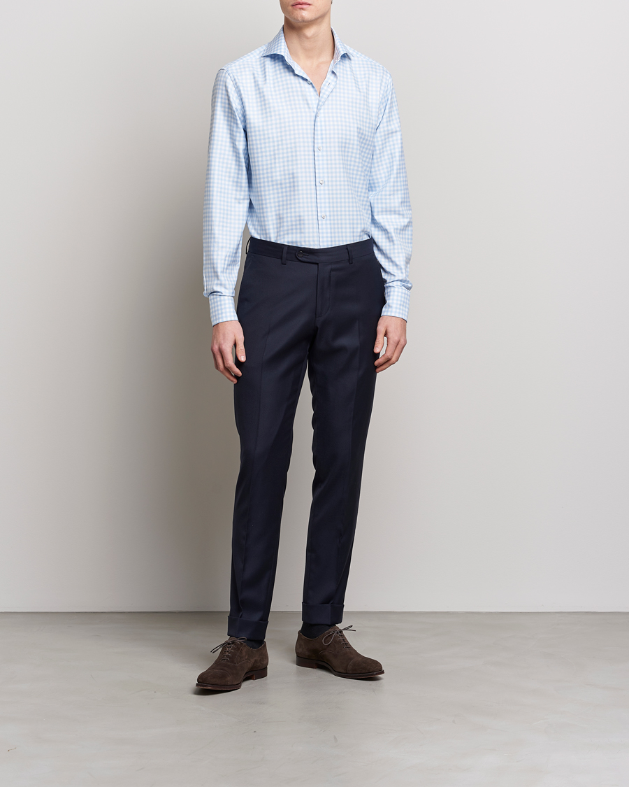 Heren | Overhemden | Stenströms | Fitted Body Checked Cut Away Shirt Light Blue