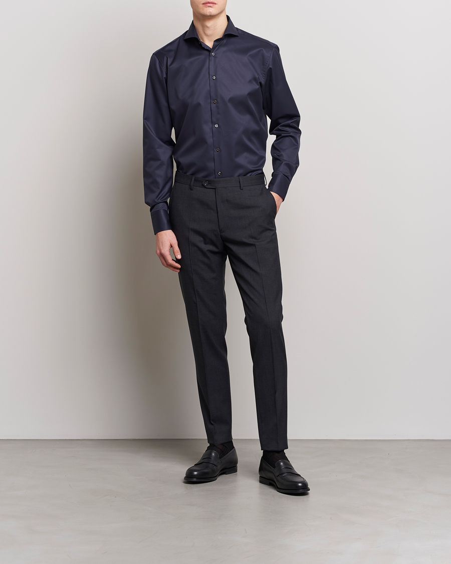 Heren | Zakelijke overhemden | Stenströms | Fitted Body Extreme Cut Away Shirt Navy