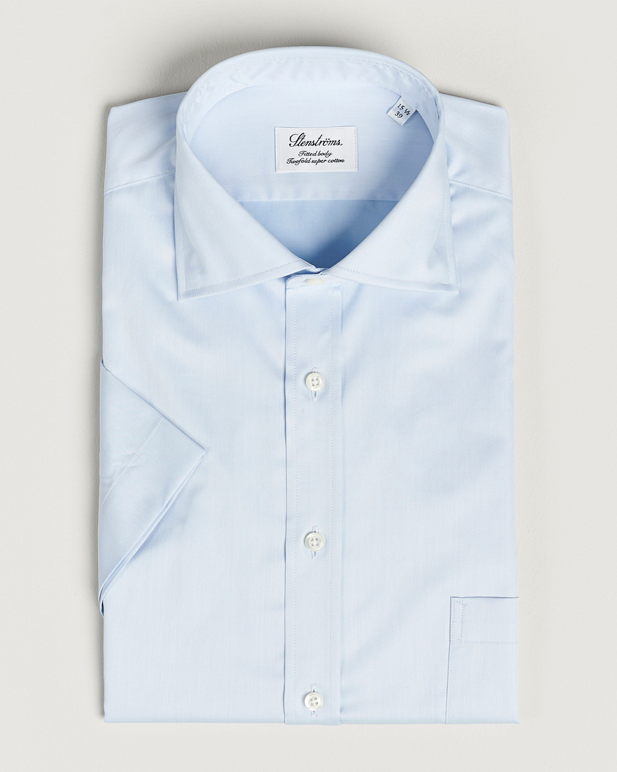 Heren | Overhemden | Stenströms | Fitted Body Short Sleeve Twill Shirt Light Blue