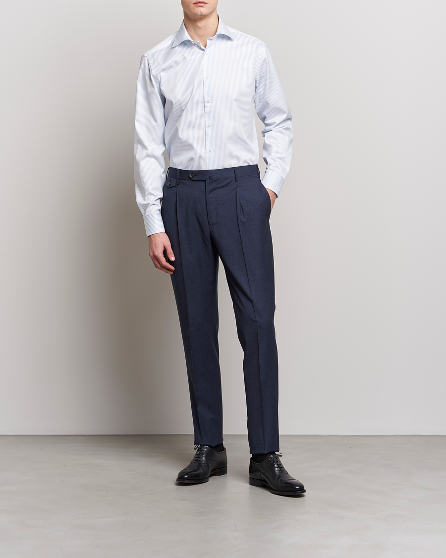 Heren | Formeel | Stenströms | Fitted Body Cotton Double Cuff Shirt White/Blue