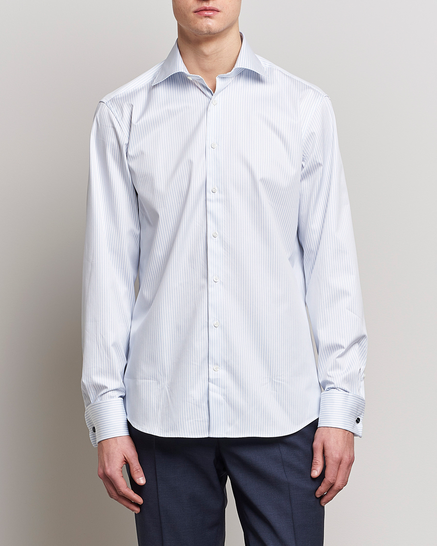 Heren | Stenströms | Stenströms | Fitted Body Cotton Double Cuff Shirt White/Blue