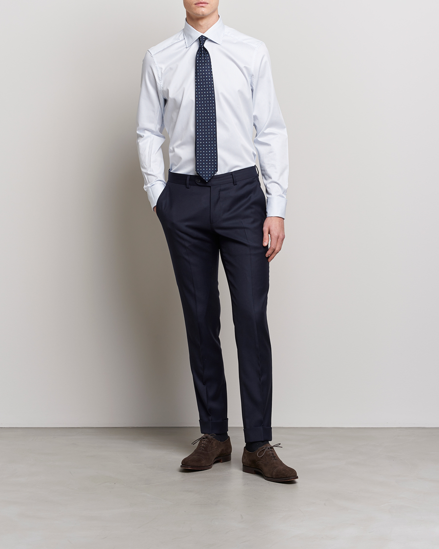 Heren | Formeel | Stenströms | Slimline Cotton Double Cuff Shirt White/Blue