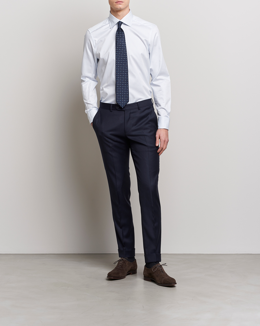 Heren |  | Stenströms | Slimline Cotton Double Cuff Shirt White/Blue