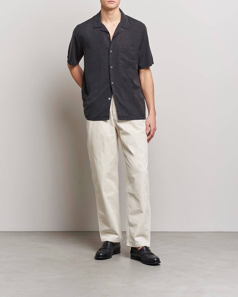 Heren | Overhemden | A Day's March | Yamu Short Sleeve Tencel Shirt Off Black