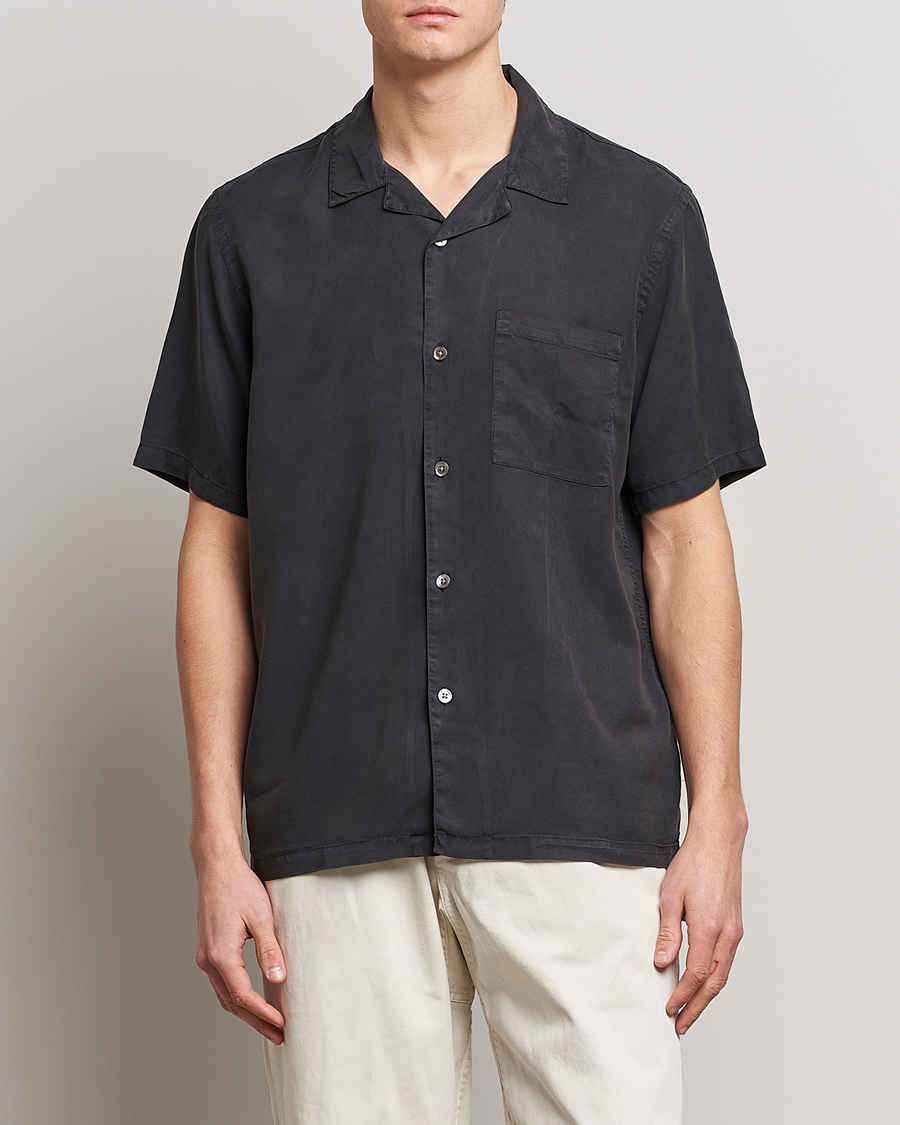 Heren | Overhemden | A Day's March | Yamu Short Sleeve Tencel Shirt Off Black