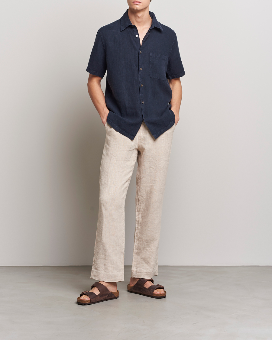 Heren | Overhemden | A Day's March | Khito Short Sleeve Linen Shirt Dark Navy