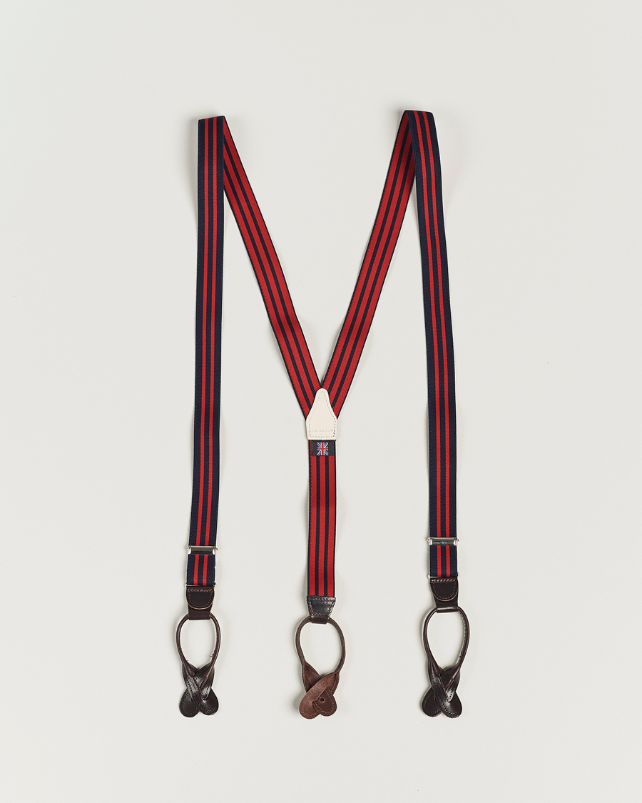 Heren | Albert Thurston Elastic Narrow Stripe Braces 25mm Navy/Red | Albert Thurston | Elastic Narrow Stripe Braces 25mm Navy/Red