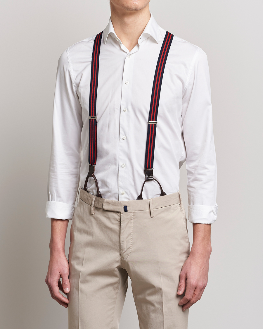 Heren | Albert Thurston Elastic Narrow Stripe Braces 25mm Navy/Red | Albert Thurston | Elastic Narrow Stripe Braces 25mm Navy/Red
