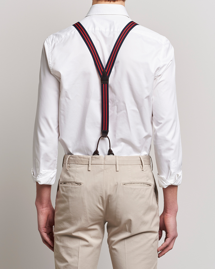 Heren | Albert Thurston Elastic Narrow Stripe Braces 25mm Navy/Red | Albert Thurston | Elastic Narrow Stripe Braces 25mm Navy/Red