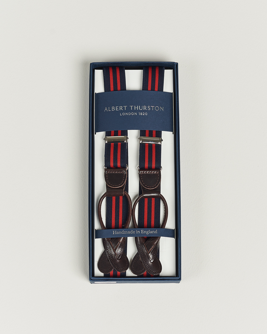 Heren | Albert Thurston Elastic Narrow Stripe Braces 25mm Navy/Red | Albert Thurston | Elastic Narrow Stripe Braces 25mm Navy/Red