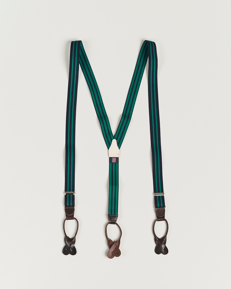 Heren | Albert Thurston Elastic Narrow Stripe Braces 25mm Navy/Green | Albert Thurston | Elastic Narrow Stripe Braces 25mm Navy/Green