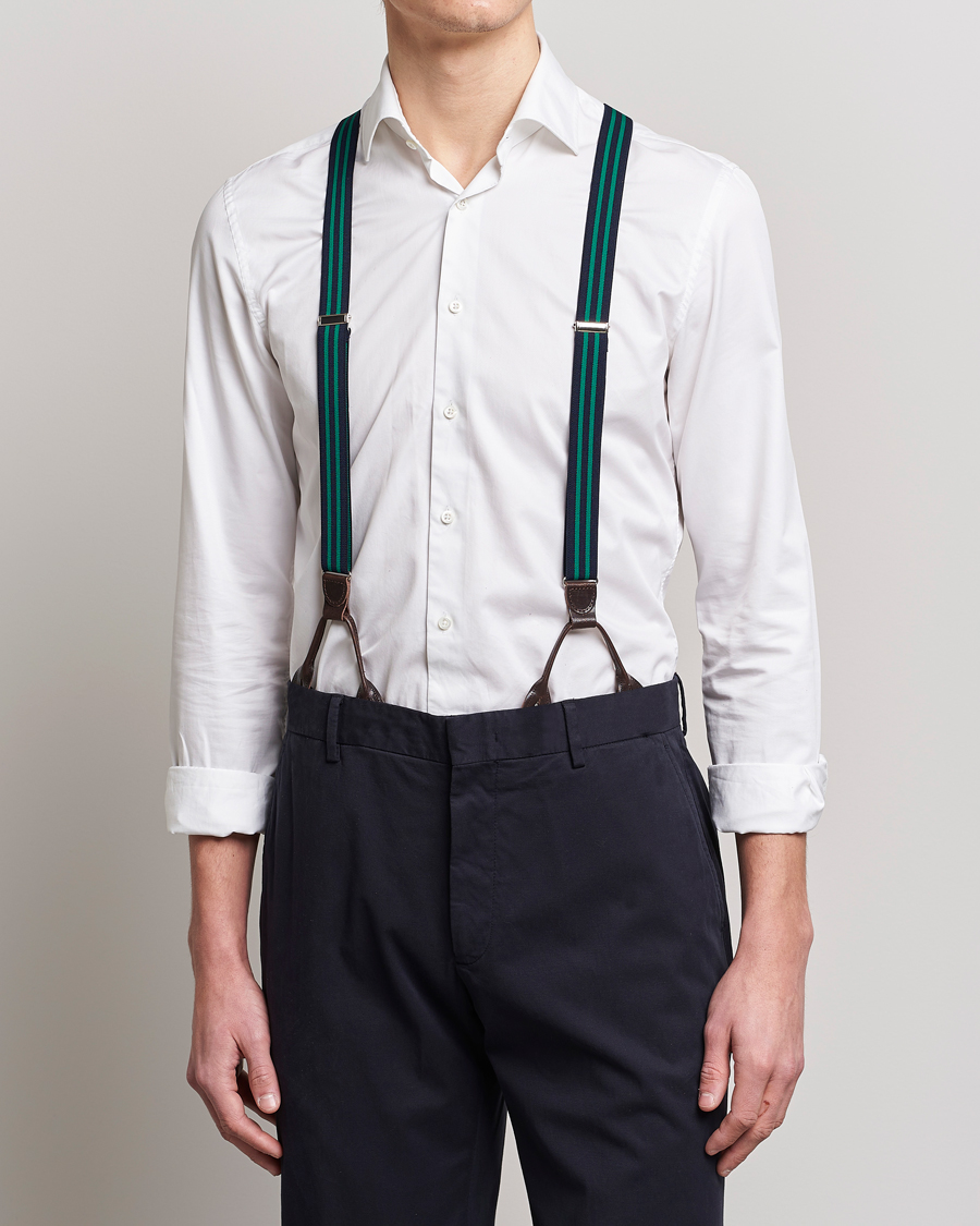 Heren | Albert Thurston Elastic Narrow Stripe Braces 25mm Navy/Green | Albert Thurston | Elastic Narrow Stripe Braces 25mm Navy/Green