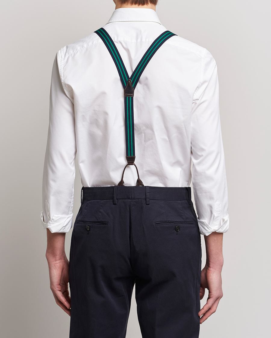 Heren | Albert Thurston Elastic Narrow Stripe Braces 25mm Navy/Green | Albert Thurston | Elastic Narrow Stripe Braces 25mm Navy/Green
