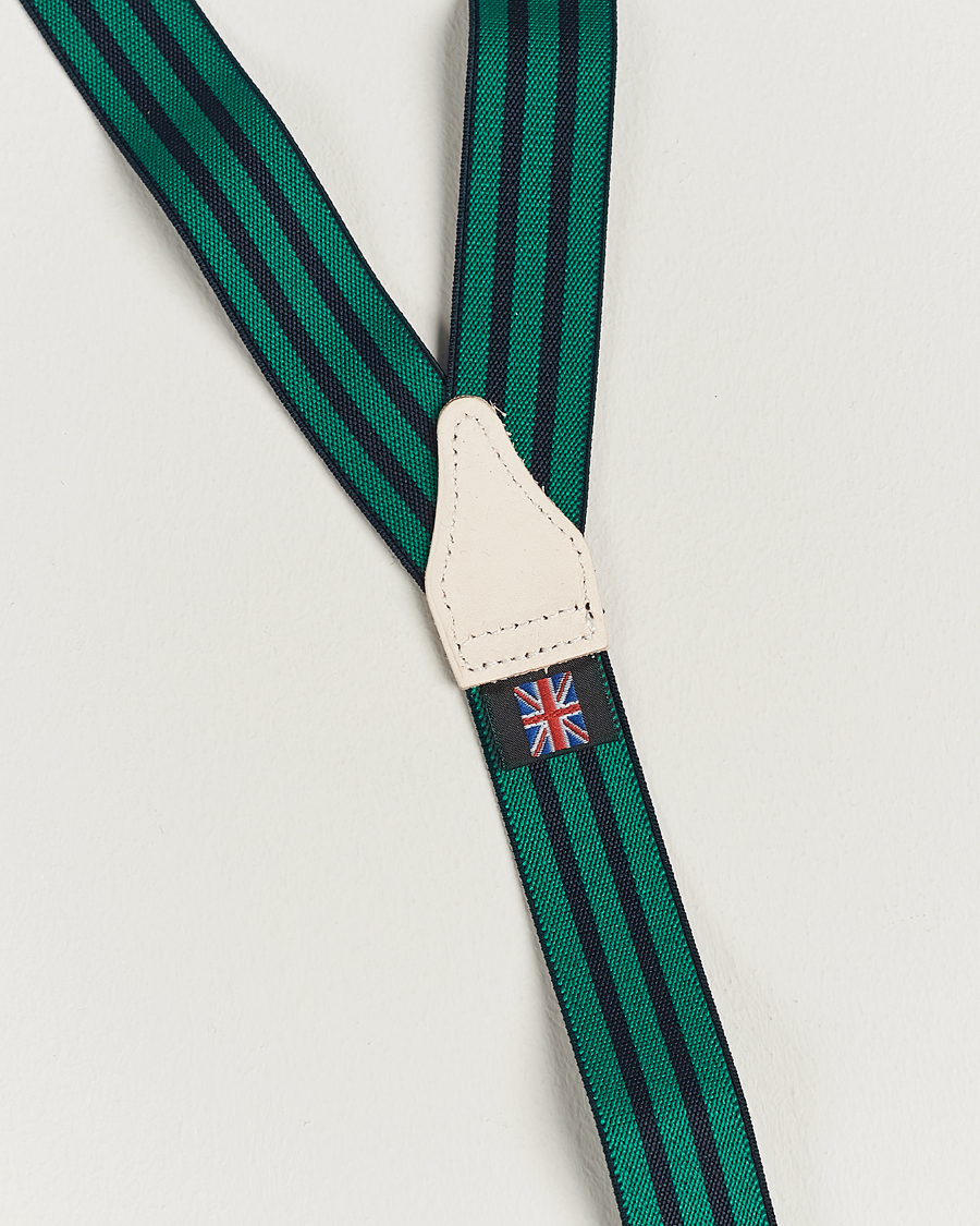 Heren | Albert Thurston Elastic Narrow Stripe Braces 25mm Navy/Green | Albert Thurston | Elastic Narrow Stripe Braces 25mm Navy/Green