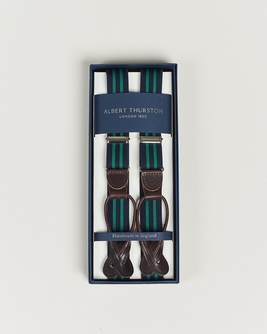 Heren | Albert Thurston Elastic Narrow Stripe Braces 25mm Navy/Green | Albert Thurston | Elastic Narrow Stripe Braces 25mm Navy/Green