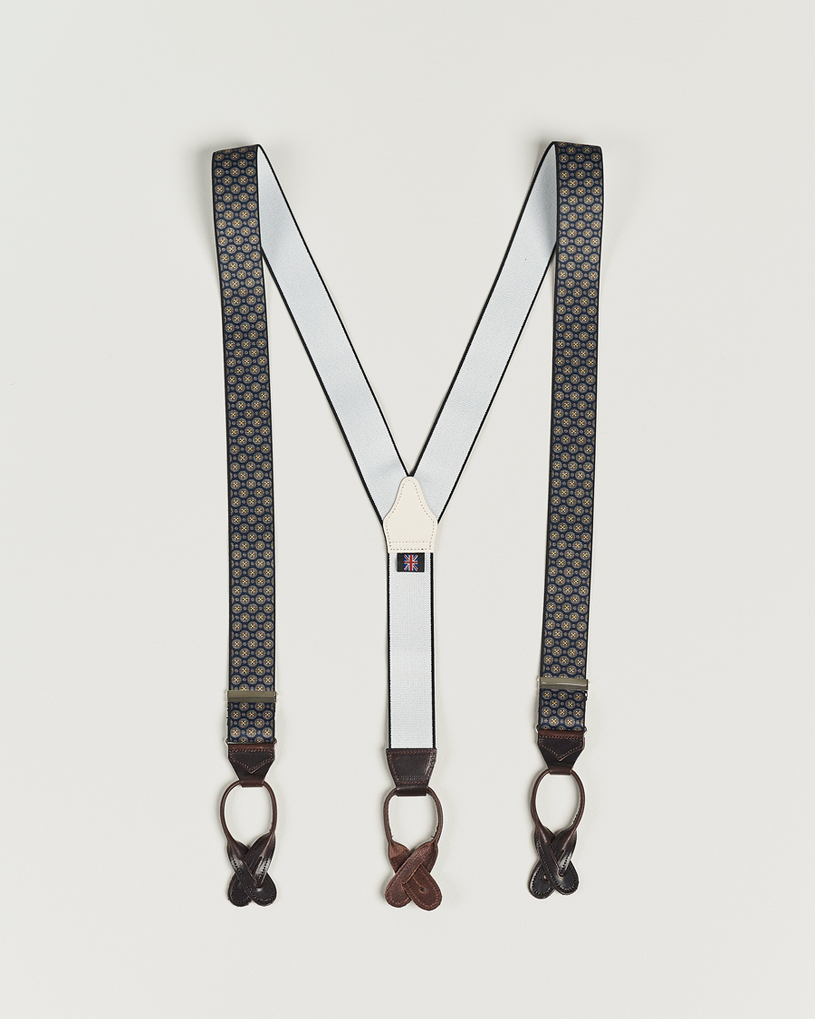Heren | Albert Thurston Elastic Medallion Printed Braces 35mm Blue | Albert Thurston | Elastic Medallion Printed Braces 35mm Blue