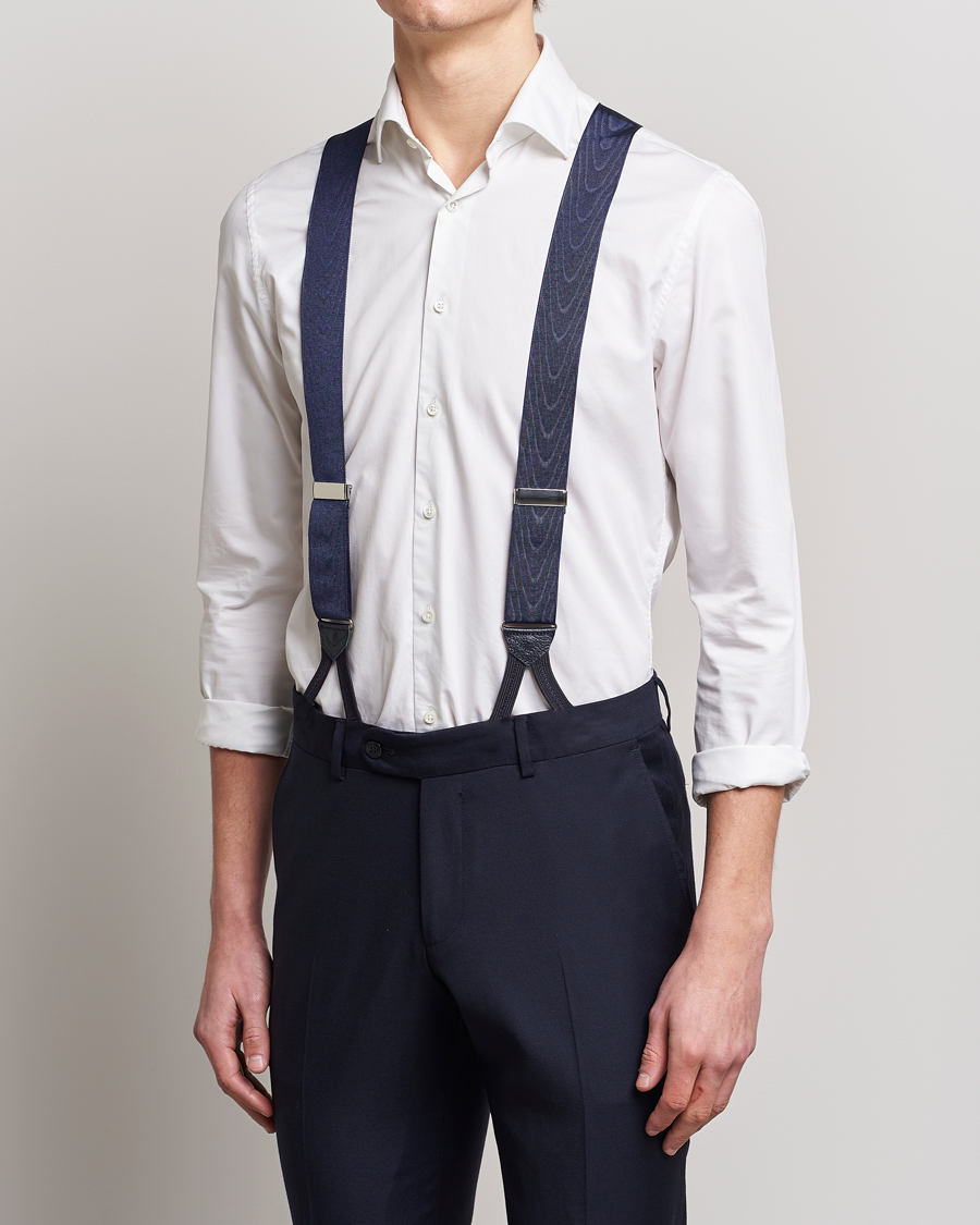 Heren | Albert Thurston Moiré Braces 40mm Navy | Albert Thurston | Moiré Braces 40mm Navy