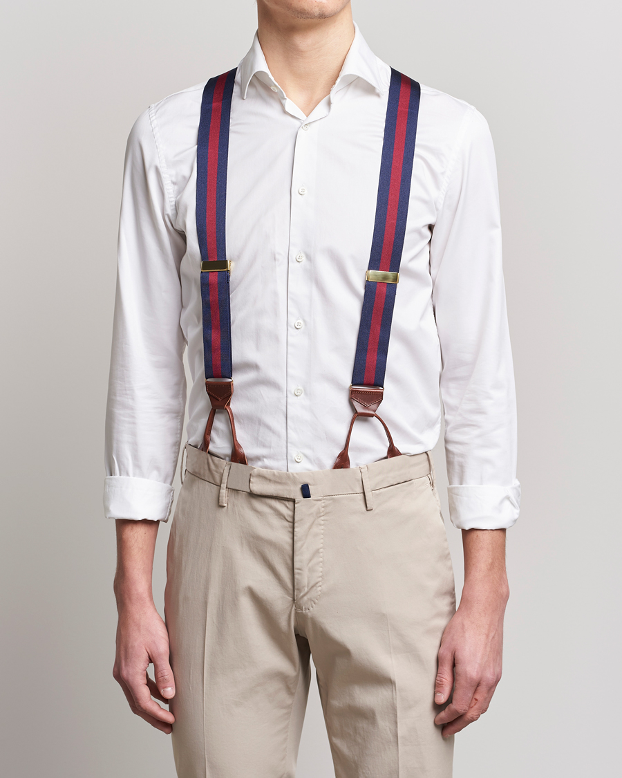 Heren | Afdelingen | Albert Thurston | Elastic Wide Stripe Braces 40mm Navy/Wine