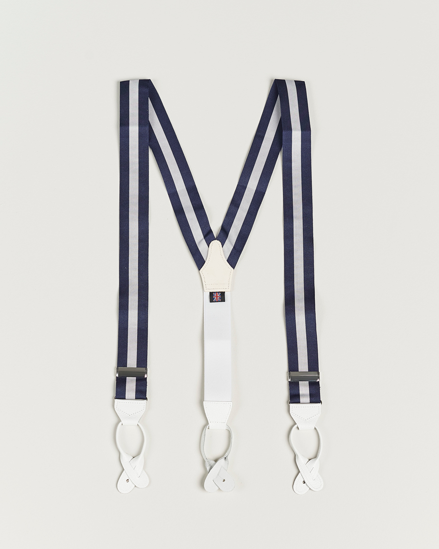 Heren | Albert Thurston Elastic Wide Stripe Braces 40mm Navy/White | Albert Thurston | Elastic Wide Stripe Braces 40mm Navy/White