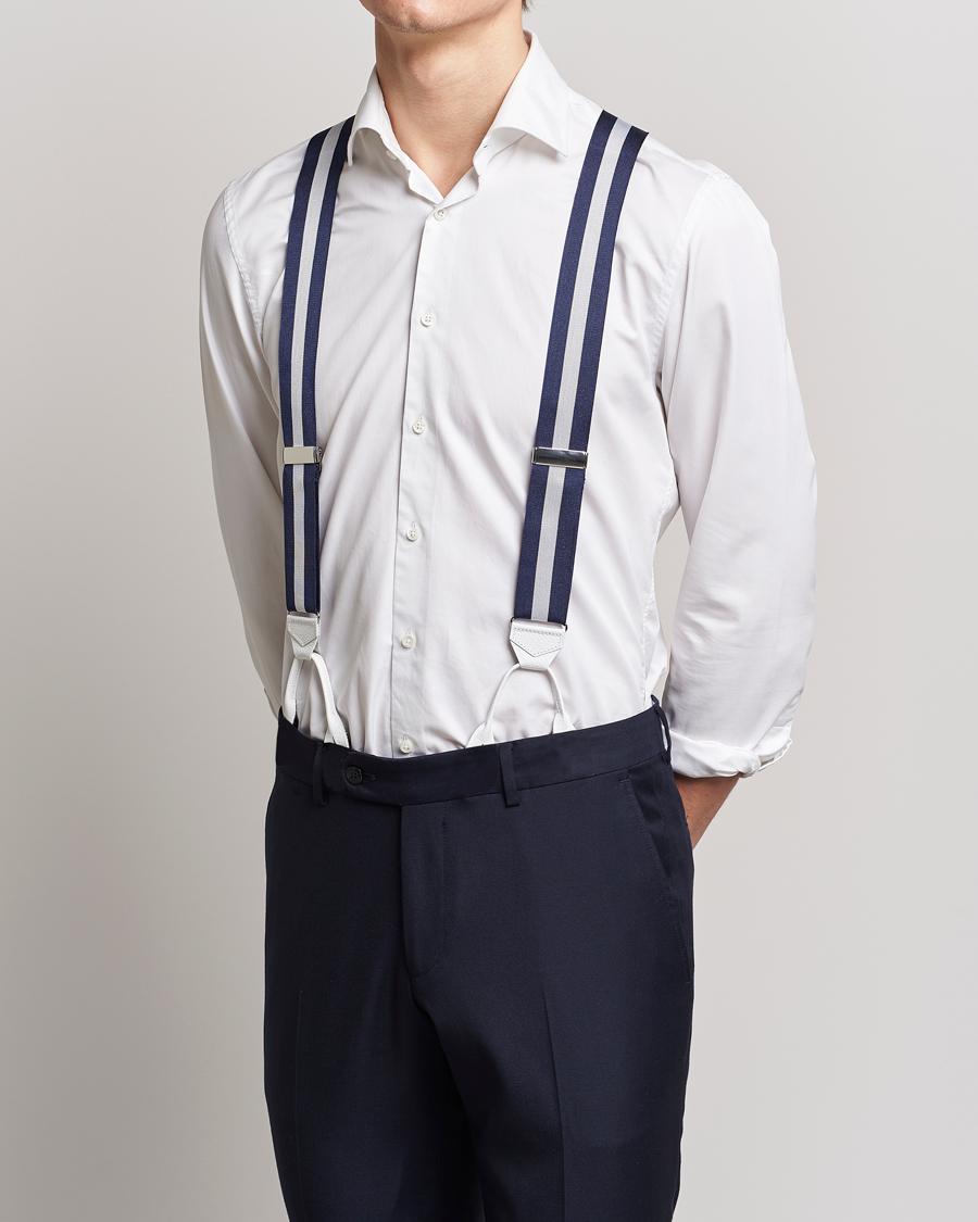 Heren | Albert Thurston Elastic Wide Stripe Braces 40mm Navy/White | Albert Thurston | Elastic Wide Stripe Braces 40mm Navy/White