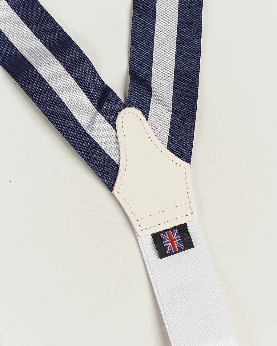 Heren | Albert Thurston Elastic Wide Stripe Braces 40mm Navy/White | Albert Thurston | Elastic Wide Stripe Braces 40mm Navy/White