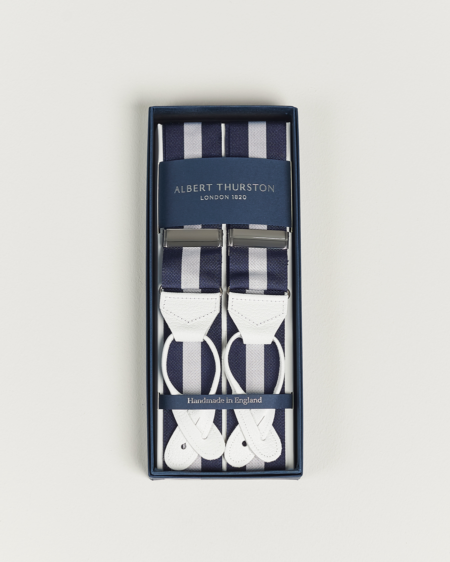Heren | Albert Thurston Elastic Wide Stripe Braces 40mm Navy/White | Albert Thurston | Elastic Wide Stripe Braces 40mm Navy/White