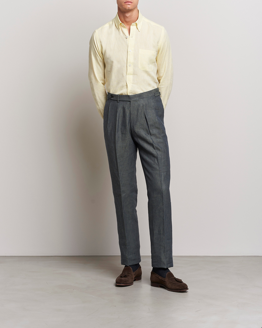 Heren | Broeken | Beams F | Pleated Linen Trousers Petroleum Blue