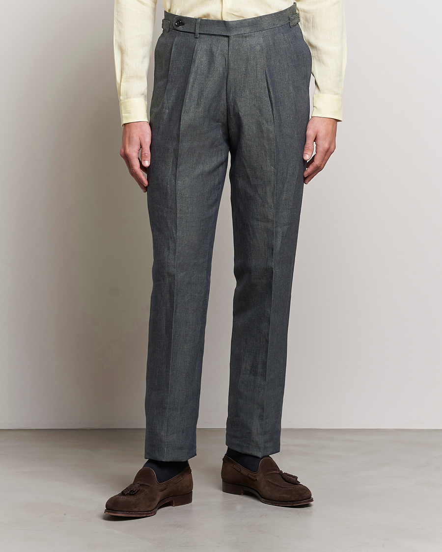 Heren | Broeken | Beams F | Pleated Linen Trousers Petroleum Blue